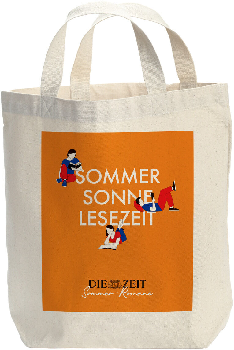 Eine beige Tragetasche mit dem Aufdruck »Sommer Sonne Lesezeit« und Illustrationen von Menschen, die lesen. Darunter steht »Die Zeit Sommer Romane«. Die Tasche hat zwei Henkel und einen quadratischen Bildbereich.