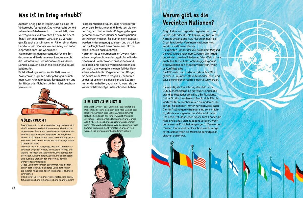 Doppelseitige Buchseiten aus 'Wann ist endlich Frieden?' von Raffauf, E. Links eine Illustration eines Kindes und Text zu Krieg und Völkerrecht. Rechts eine größere Illustration von Flaggen und Text zu den Vereinten Nationen.