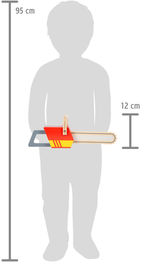 Illustration einer Kinderkettensäge mit einer Größenskala, die zeigt, dass sie 12 cm hoch und 95 cm lang ist. Die Kettensäge hat rote, gelbe und graue Teile.