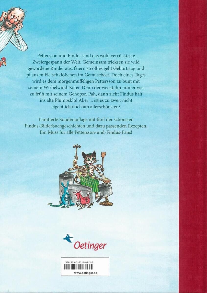 Rückseite des Buches 'Pettersson und Findus. Unsere schönsten Geschichten' mit einer Illustration von Pettersson, der Katze Findus und anderen Figuren auf blauem Hintergrund. Oben befindet sich ein Text, der eine Beschreibung der Geschichten enthält. Das Buch ist erhältlich beim Verlag Oetinger.