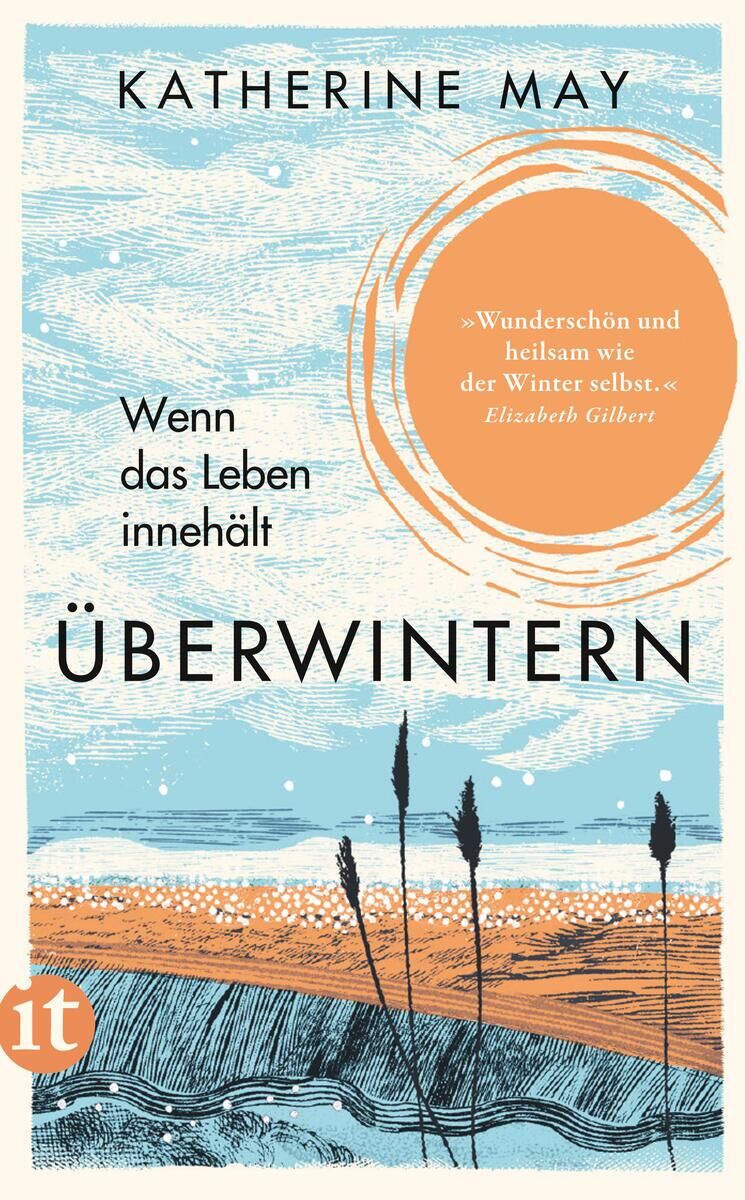 Buchcover von Katherine May 'Überwintern. Wenn das Leben innehält'. Das Cover zeigt eine blaue Winterlandschaft mit einem weißen Schneehügel und Ornamete in Orange. Ein orangefarbener Kreis hebt eine Rezension hervor.