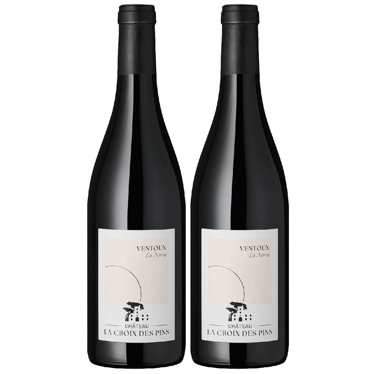 Zwei dunkle Weinflaschen mit weiß-cremefarbenem Etikett der Marke Château La Croix des Pins Ventoux nebeneinander auf weißem Hintergrund, geeignet als Geschenk und für festliche Anlässe.