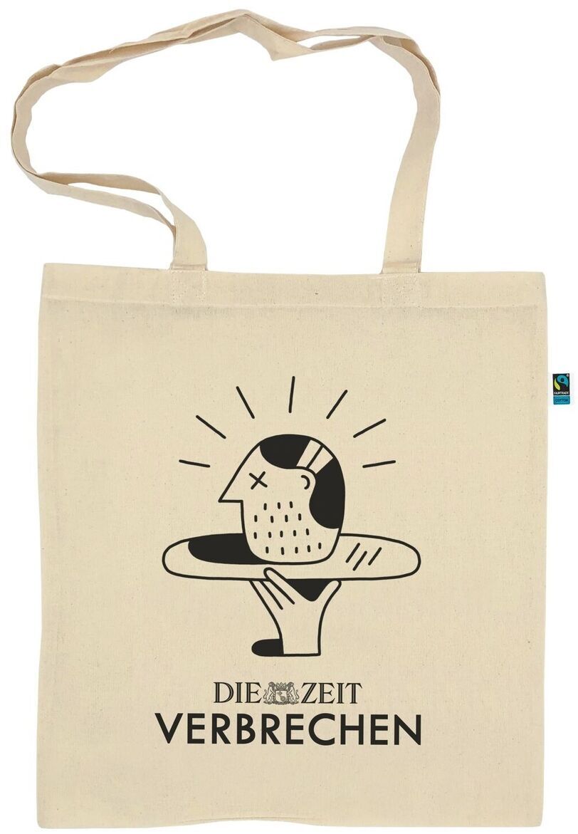 Beige Stofftasche mit zwei langen Henkeln. Auf der Vorderseite ist ein schwarz-weißes Design eines Kopfes mit unterschiedlichen Mustern und die Worte 'DIE ZEIT VERBRECHEN' aufgedruckt. Rechts oben befindet sich ein kleines Fairtrade-Logo.