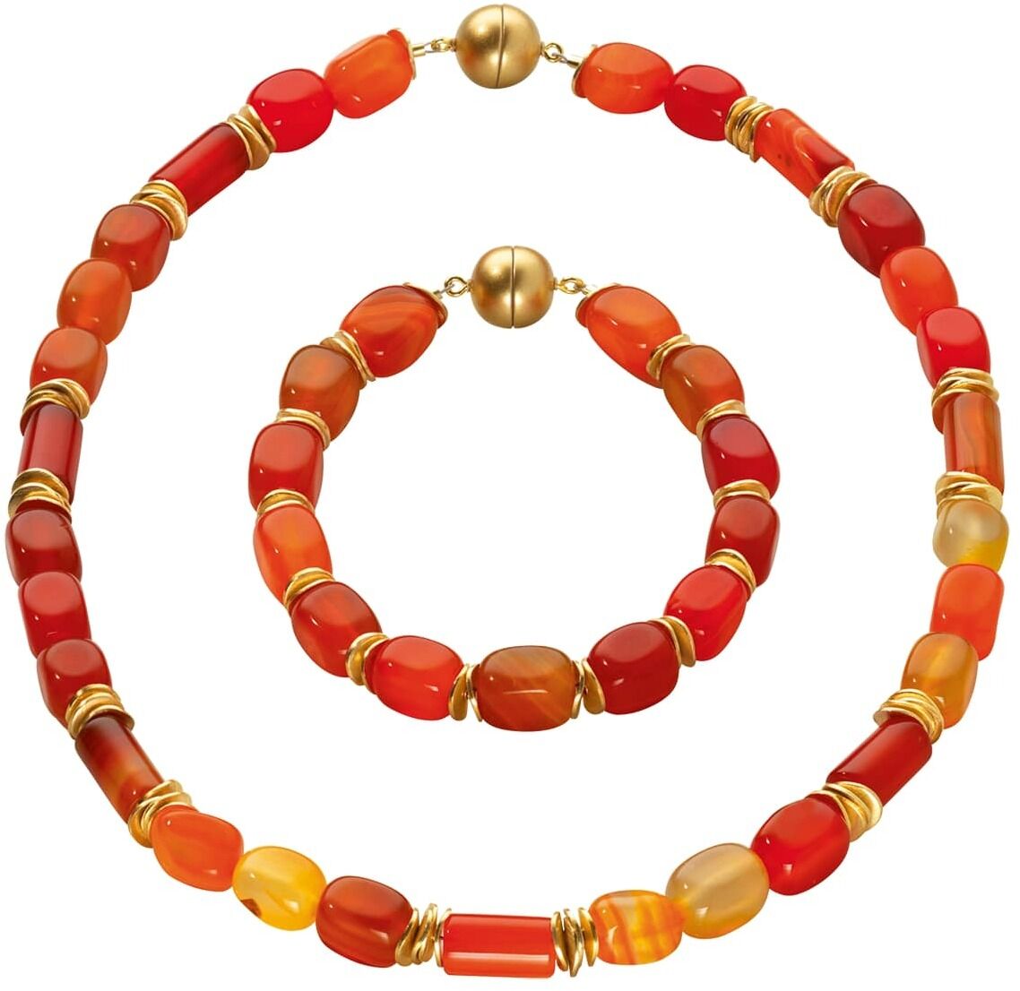 Eine farbenfrohe Perlenkette und ein dazu passendes Armband, Perlencollier »Summer Feeling«, mit Perlen in Rottönen, Orangetönen und goldenen Akzenten.