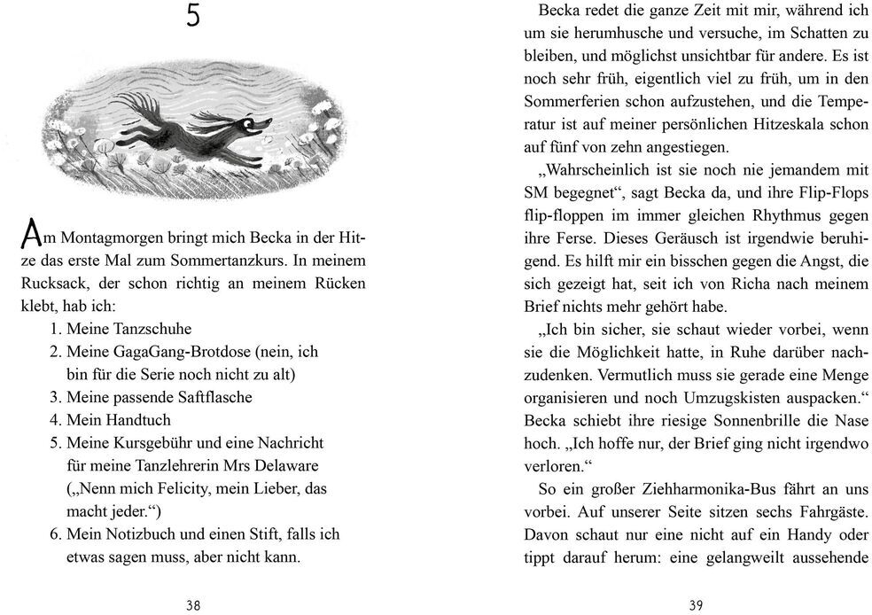 Eine Buchseite mit Text, die Kapitel 5 einleitet. Oben auf der Seite befindet sich eine schwarz-weiße Illustration eines schwimmenden Tieres. Der Text beschreibt verschiedene Gegenstände und Erlebnisse im Sommer.
