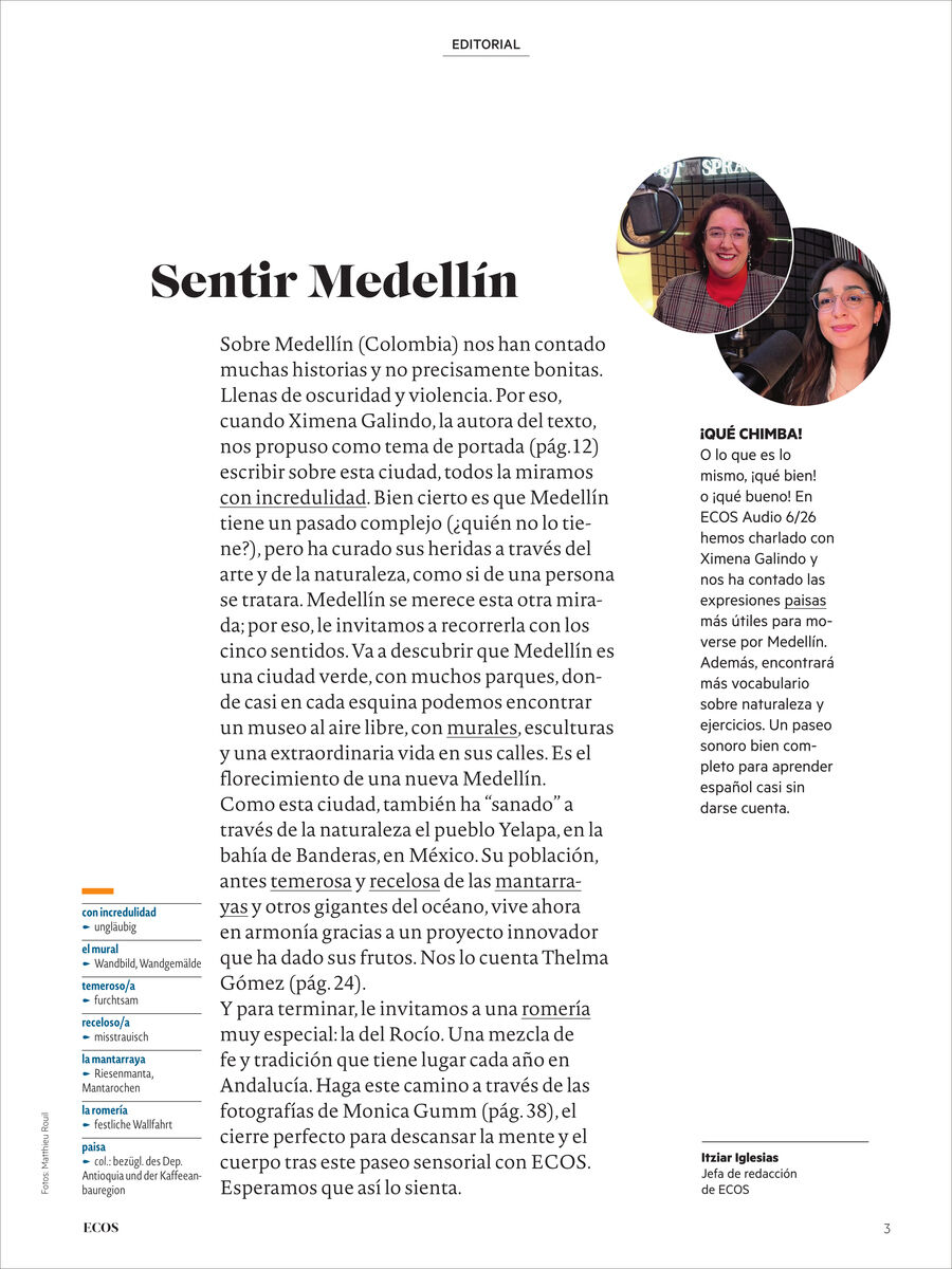 Spanischsprachige Magazinseite mit Überschrift „Sentir Medellín“, Fließtext über Medellín und kolumbianische Kultur, zwei runden Porträtfotos von Frauen oben rechts, kleines Textfeld daneben, dezente Farbgestaltung mit Farbakzenten in Blau, Gelb und Orange.