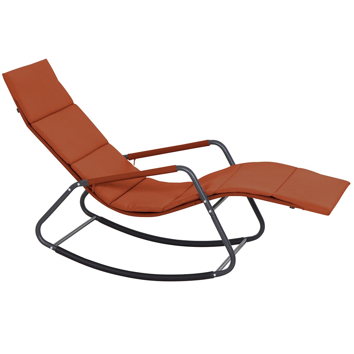 Eine moderne, rostbraune Swingliege mit gepolsterter Liegefläche und schwarzem Schaukelgestell steht auf weißem Hintergrund. Die Liege kombiniert Funktionalität und Komfort mit einer ergonomischen Form, ideal für den Einsatz im Garten oder auf der Terrasse.