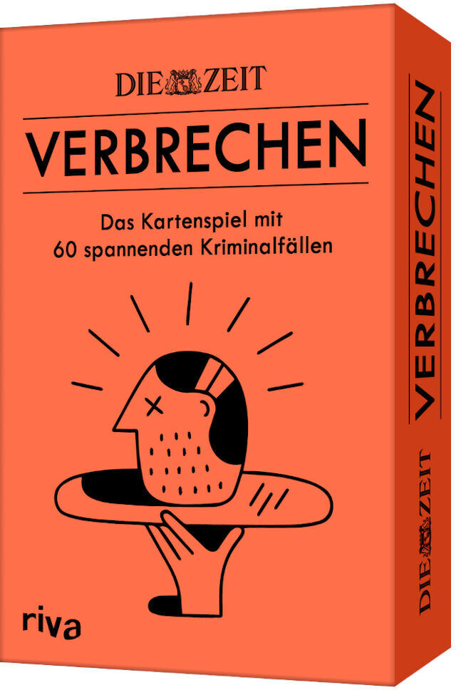 Bild des Produkts 'ZEIT Verbrechen Kartenspiel', ein orangefarbener Karton mit schwarzer und weißer Aufschrift, der 60 spannende Kriminalfälle als Kartenspiel verspricht. Oben steht 'DIE ZEIT' und unten 'riva'.