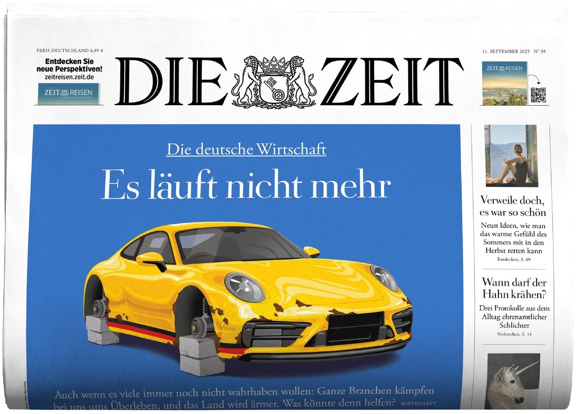 Titelseite der Zeitungs-Ausgabe DIE ZEIT 39/2025 mit einem großen Titel über die deutsche Wirtschaft und einer Illustration eines gelben Sportwagens aus Bausteinen. Die Seite enthält weitere kleine Textabschnitte und ein Foto unten rechts. Die Farben sind klar und modern gehalten.