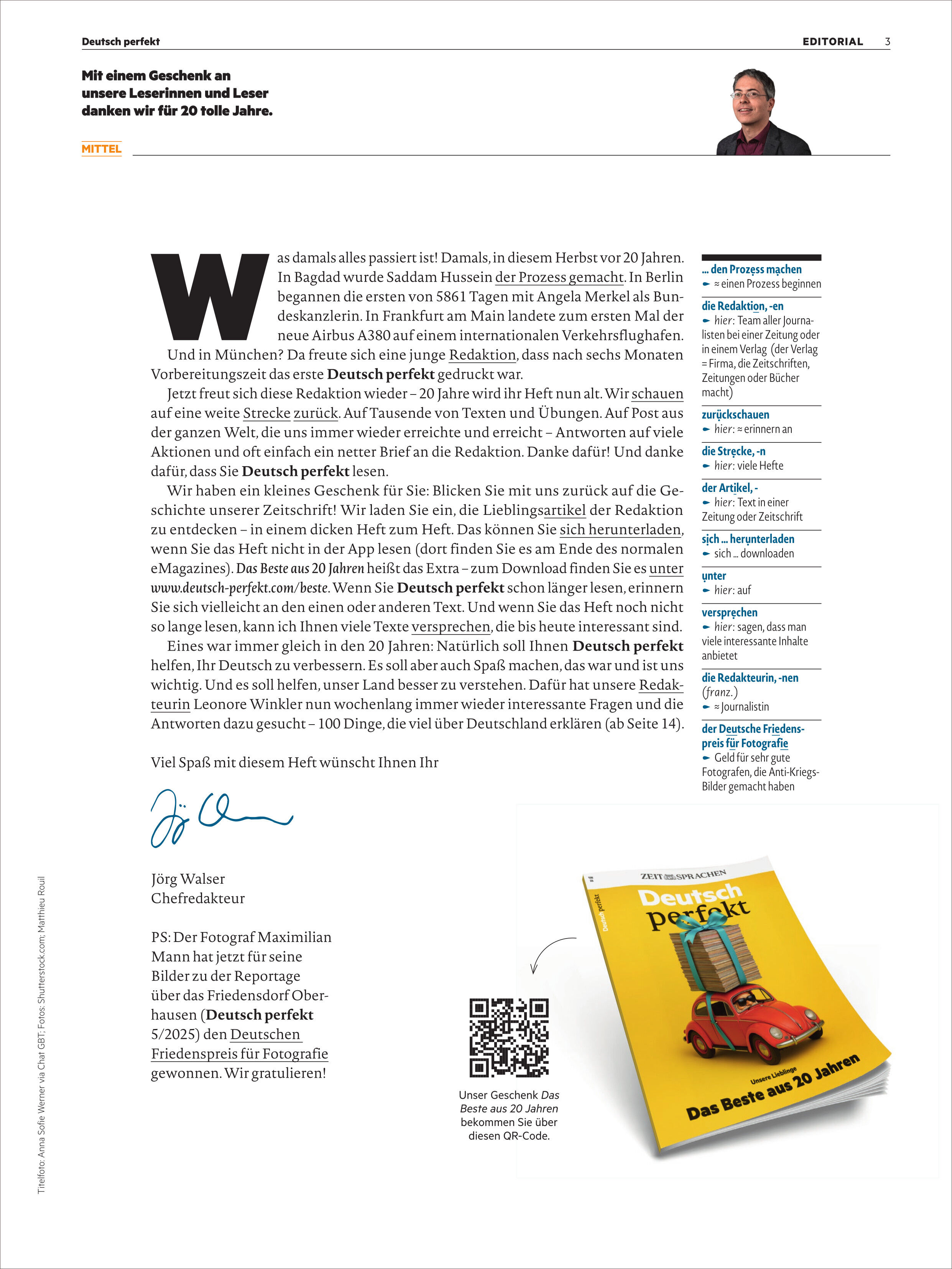 Titelseite des Magazins 'Deutsch perfekt 13/2025' mit einem gelben Hintergrund, rotem Fahrzeug und Schriftzug. Auf der Magazinseite steht ein redaktioneller Text mit Grußwort und einer Unterschrift. Das Layout kombiniert Textblöcke und das Magazincover, was auf Bildung und Deutschlernen hinweist.