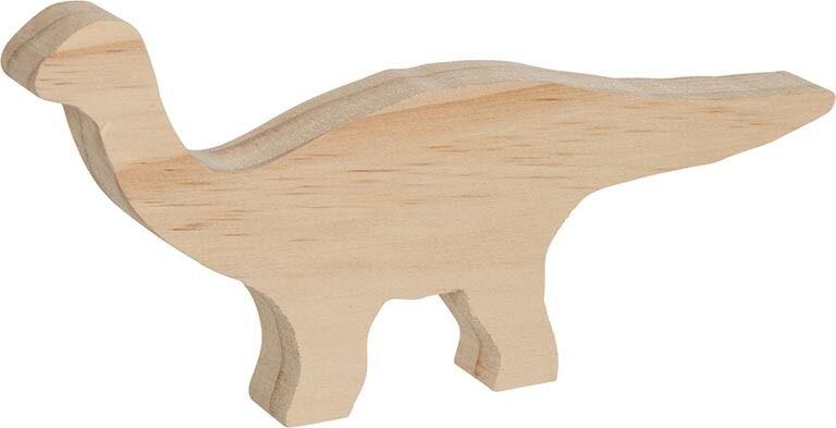 Handgefertigte Holzschnitzerei in Form eines Dinosauriers, aus hellem Holz gefertigt.