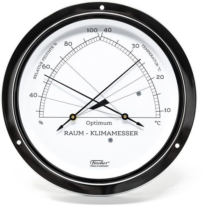 Rundes Hygrometer und Thermometer, bezeichnet als 'Raumklimamesser' in der ZEIT-Sonderedition. Der weiße Hintergrund hat schwarze Markierungen und Indikatoren zur Anzeige von Luftfeuchtigkeit und Temperatur. Die Begriffe 'Optimum', 'Raum-Klimamesser', und 'Fischer' sind im Vordergrund zu sehen.