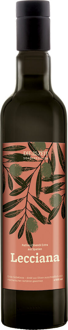 Dunkle Olivenölflasche mit Drehverschluss, roséfarbenem Etikett und grünem Olivenzweigmotiv. Aufschrift: "Lecciana" und Hinweis auf die ZEIT-Sonderedition von ArteFakt. Stilvoll und modern gestaltet, ideal als Geschenk oder für Genießer von hochwertigem Olivenöl.