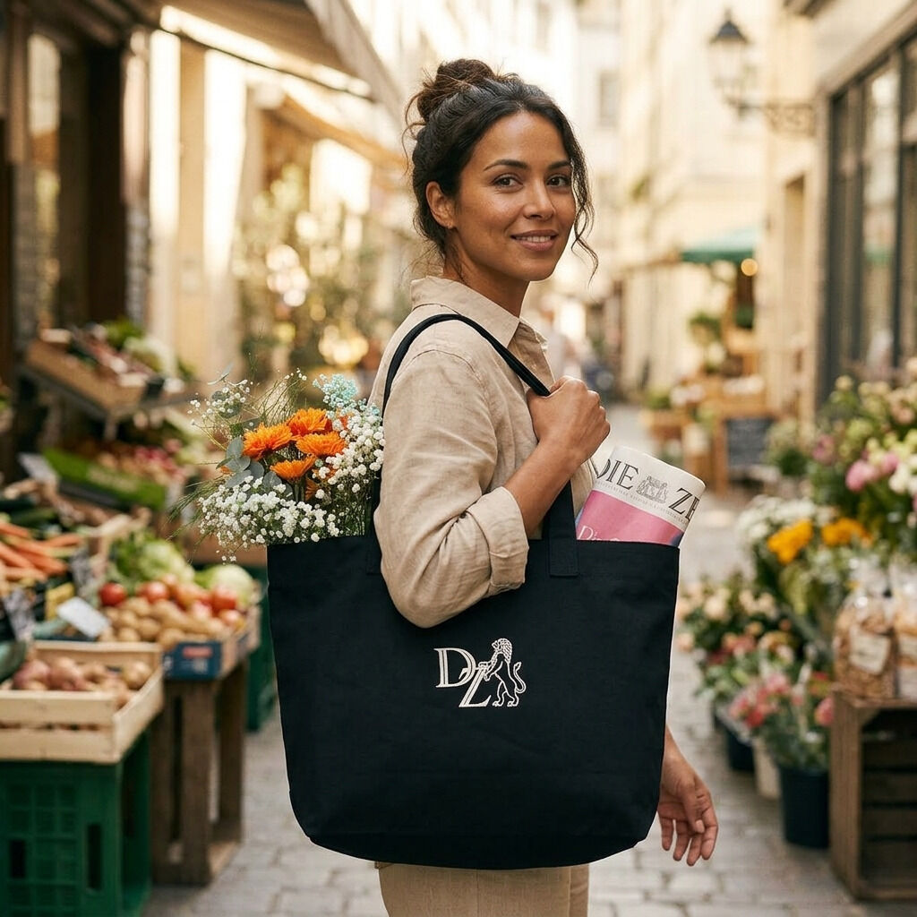 Eine lächelnde Frau trägt die schwarze ZEIT Canvas-Tasche von DIE ZEIT in einer belebten Gasse mit Blumenständern links und rechts. Die Tasche ist groß, aus Baumwoll-Canvas, mit ZEIT-Logo, enthält einen Blumenstrauß und eine gerollte Zeitung. Stilvoll und funktional.