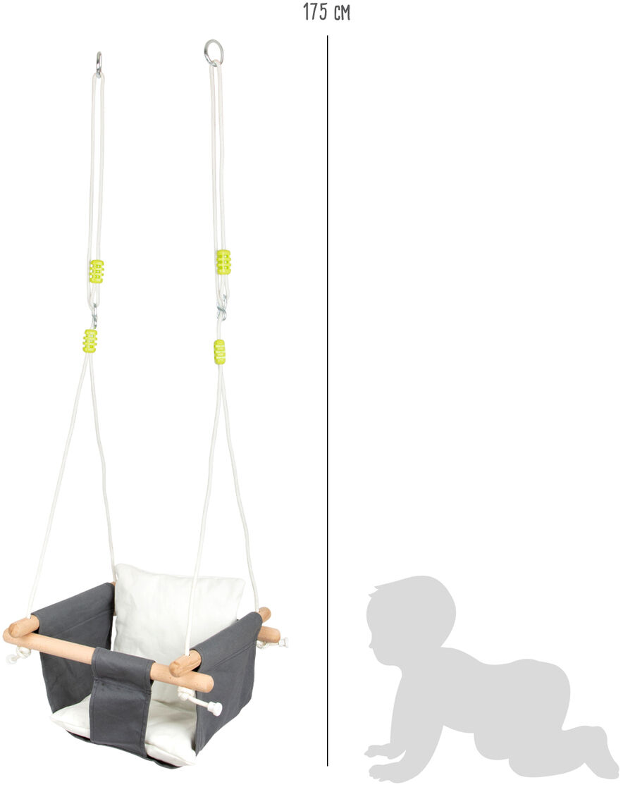 Babyschaukel »Komfort« mit grauen und weißen Stoffteilen, Holzelementen und gelben Details. Geeignet für die Nutzung im Innenbereich, abgebildet neben einem Baby-Symbol zur Größenveranschaulichung. Maximale Länge von 175 cm.