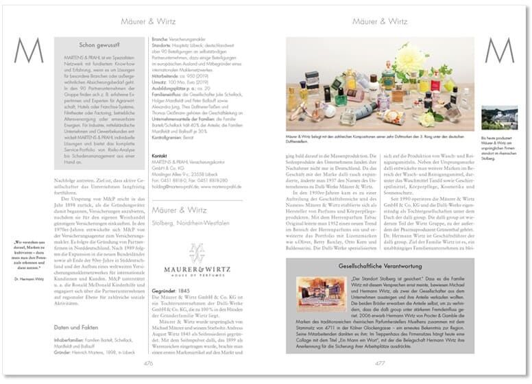 Das Bild zeigt eine aufgeschlagene Doppelseite des Buches 'Lexikon der deutschen Familienunternehmen'. Die Seiten sind mit Texten und Bildern über verschiedene deutsche Familienunternehmen gefüllt. Der Hintergrund ist weiß mit schwarzem Text. Im Text finden sich teilweise farbige Bilder und Logos der vorgestellten Unternehmen.