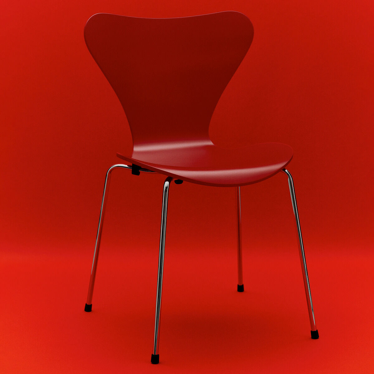 Designklassiker Stuhl »Serie 7«, Edition Verner Panton von Fritz Hansen in leuchtendem Rot. Organisch geformte Sitzschale aus Buchenfurnier, schmale verchromte Stahlbeine, vor rotem Hintergrund, minimalistischer und zeitloser Look, modern und elegant platziert.