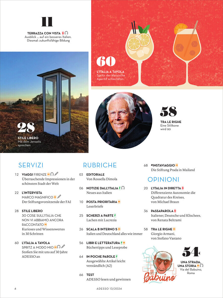 Cover des Adesso Magazins 13/2024 mit einem farbenfrohen Layout, das italienische Kultur und Lifestyle darstellt. Enthält Bilder von Landschaften, gastronomischen Highlights, und einem Portrait. Verschiedene Textabschnitte beschreiben italienische Traditionen und Reiseziele.