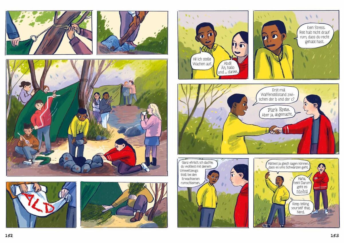 Comic-Illustration zeigt verschiedene Szenen von Jugendlichen, die sich im Wald engagieren. Sie demonstrieren, bauen Lagerfeuer und interagieren miteinander, um die Natur zu schützen.