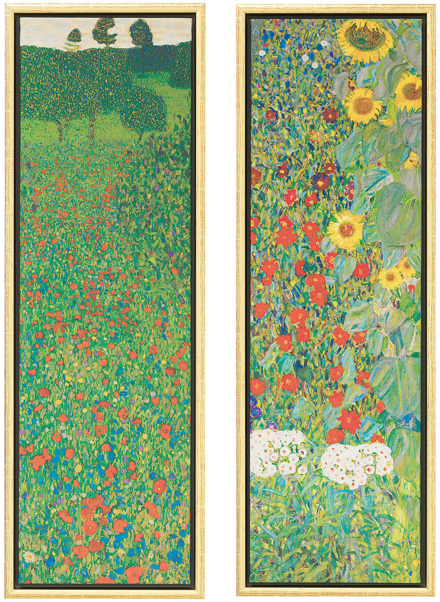 Zwei nebeneinander platzierte Bilder von Gustav Klimt. Das linke Bild zeigt ein blühendes Mohnfeld in verschiedenen Grüntönen und roten Akzenten. Das rechte Bild zeigt leuchtende Sonnenblumen und andere bunte Blumen. Beide Bilder sind reich an Farben und im Jugendstil gestaltet.