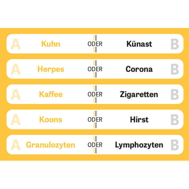 Kartenspiel 'Alles gesagt?' 2, mit gelbem Hintergrund, schwarzen Texten und weißen Kartenschildern. Beispielkarten zeigen Begriffe wie 'Kuhn oder Künast', 'Herpes oder Corona' und 'Kaffee oder Zigaretten'.