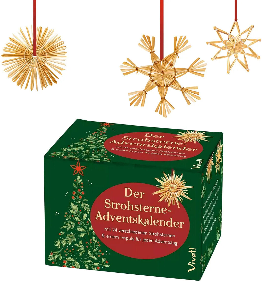 Der Strohsterne-Adventskalender von ZEIT Buchhandlung zeigt eine grüne Geschenkbox mit rotem Kreis und goldenen Details. Über der Box hängen drei filigrane Strohsterne mit roten Bändern. Design vermittelt eine besinnliche, weihnachtliche Atmosphäre.