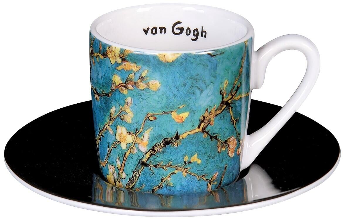 Espressotasse mit einem kunstvollen van Gogh Blütenmotiv auf blauem Hintergrund, dazugehörige Untertasse in Schwarz.