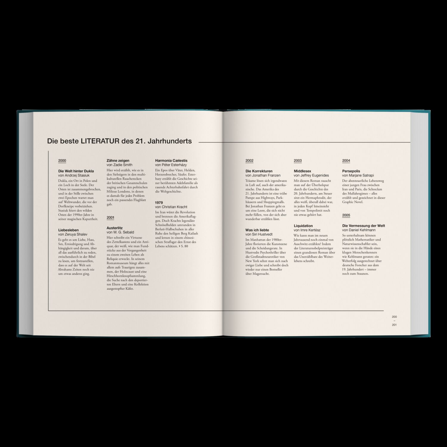 Aufgeschlagenes Buch der ZEIT-Edition »Die besten Einfälle des 21. Jahrhunderts«, zu sehen sind übersichtlich gestaltete Seiten mit Sortierung literarischer Werke nach Jahren und kurzen Beschreibungen, sachliche Gestaltung in dezenten Farben.