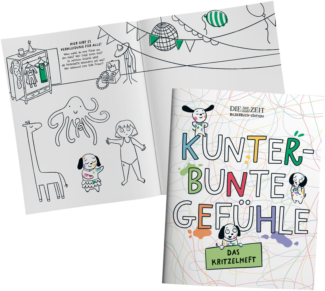 Das Bild zeigt das Produkt »Kunterbunte Gefühle« der ZEIT-Edition. Es ist ein Kritzelheft für Kinder mit verschiedenen Illustrationen und Emotionen, die zum Ausmalen und Zeichnen einladen. Auf dem Cover sind der Titel und bunte Kritzeleien zu sehen, während die offenen Seiten Beispiele für Malvorlagen enthalten.