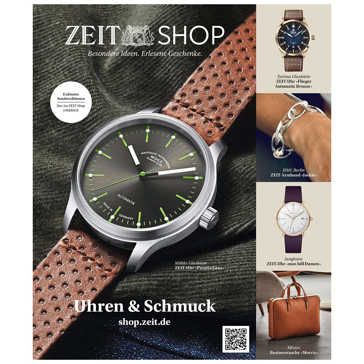 Katalog für Uhren und Schmuck des Zeit Shops mit Abbildungen verschiedener Uhrenmodelle für Männer und Frauen. Der Katalog zeigt elegante und moderne Designs, inklusive einer Armbanduhr mit braunem Lederarmband und schwarzem Zifferblatt mit grünen Akzenten.