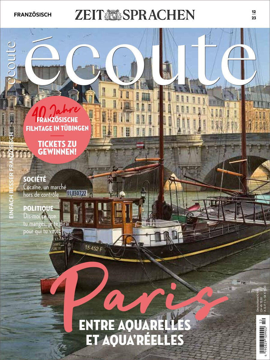 Titelbild des Écoute Magazins Ausgabe 12/2023, zeigt ein Boot auf einem Fluss mit Pariser Brücke und Gebäuden im Hintergrund. Große, weiße Schrift für das Wort 'écoute' und rote Schrift für 'Paris' und 'Entre Aquarelles et Aquarelles'. Ein rotes Banner mit dem Text '40 Jahre Französische Filmtage in Tübingen - Tickets zu gewinnen!' befindet sich links auf dem Bild.