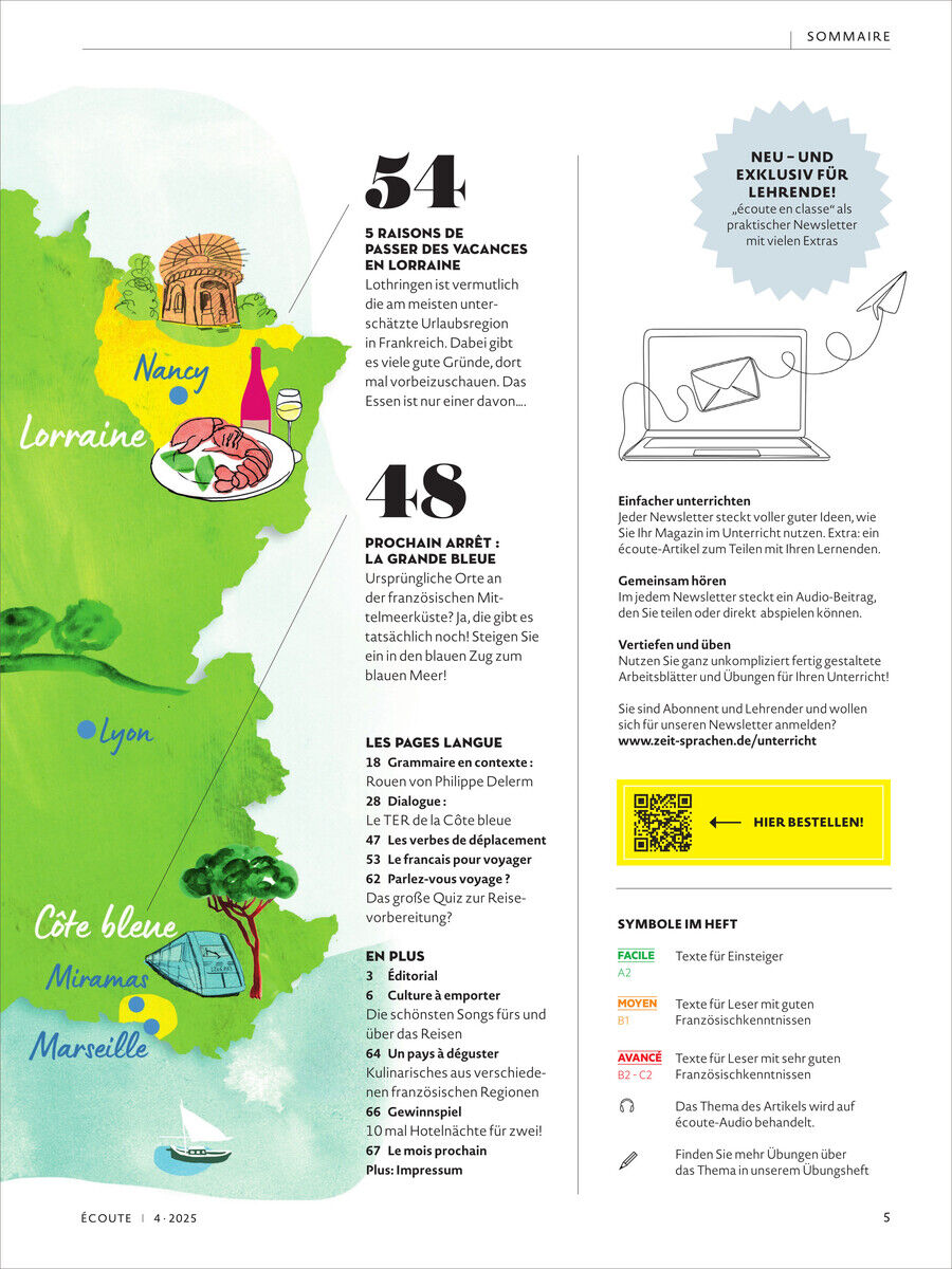 Illustration einer Karte von Frankreich mit Städten wie Nancy, Lyon und Marseille, begleitet von textlichen Inhalten über die Vorteile von Sprachreisen nach Frankreich. Die Seite zeigt eine Übersicht und verschiedene Symbole, geeignet für Sprach- und Kulturinteressierte.