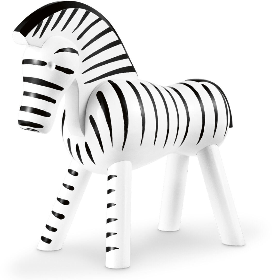 Holzfigur eines Zebras von Kay Bojesen mit weißen und schwarzen Streifen, geeignet als dekoratives Sammlerstück und Kinderspielzeug.