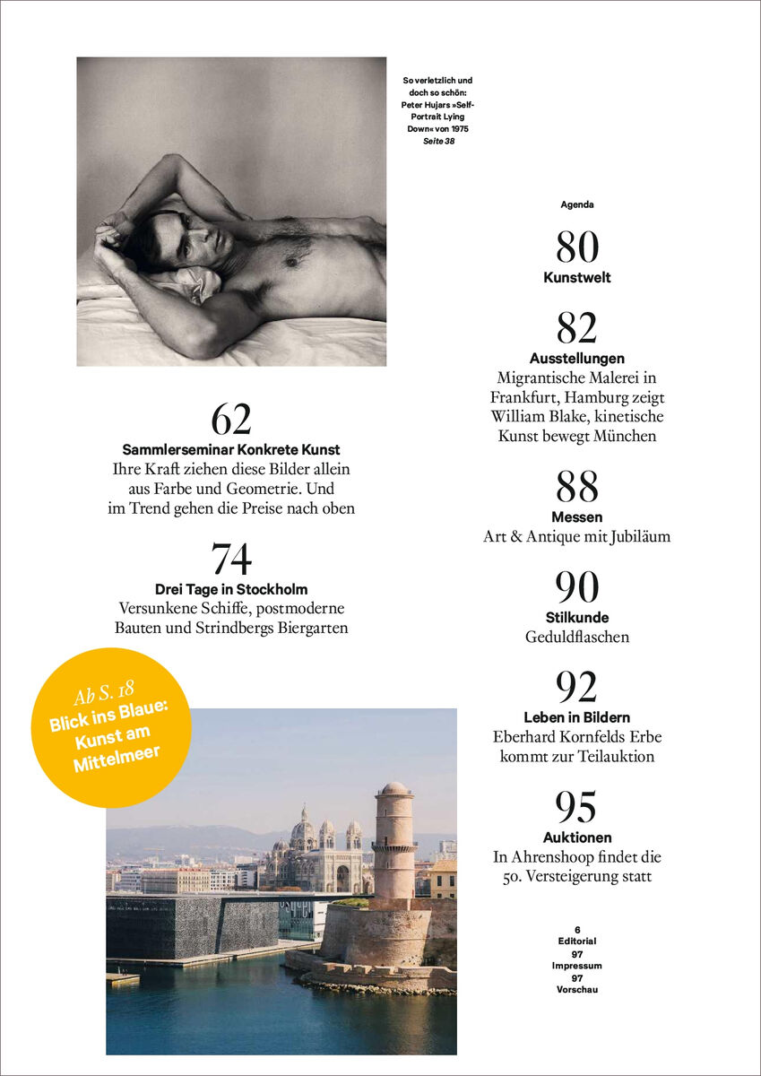 WELTKUNST 230/24 Magazinseite mit Artikeln über moderne Kunst, Eurokultur und Inspirationen aus dem Mittelmeerraum. Die Seite enthält Schwarz-Weiß-Fotos, Textabschnitte über Kunst und Messen sowie ein farbiges Bild von einer Szenerie am Mittelmeer.