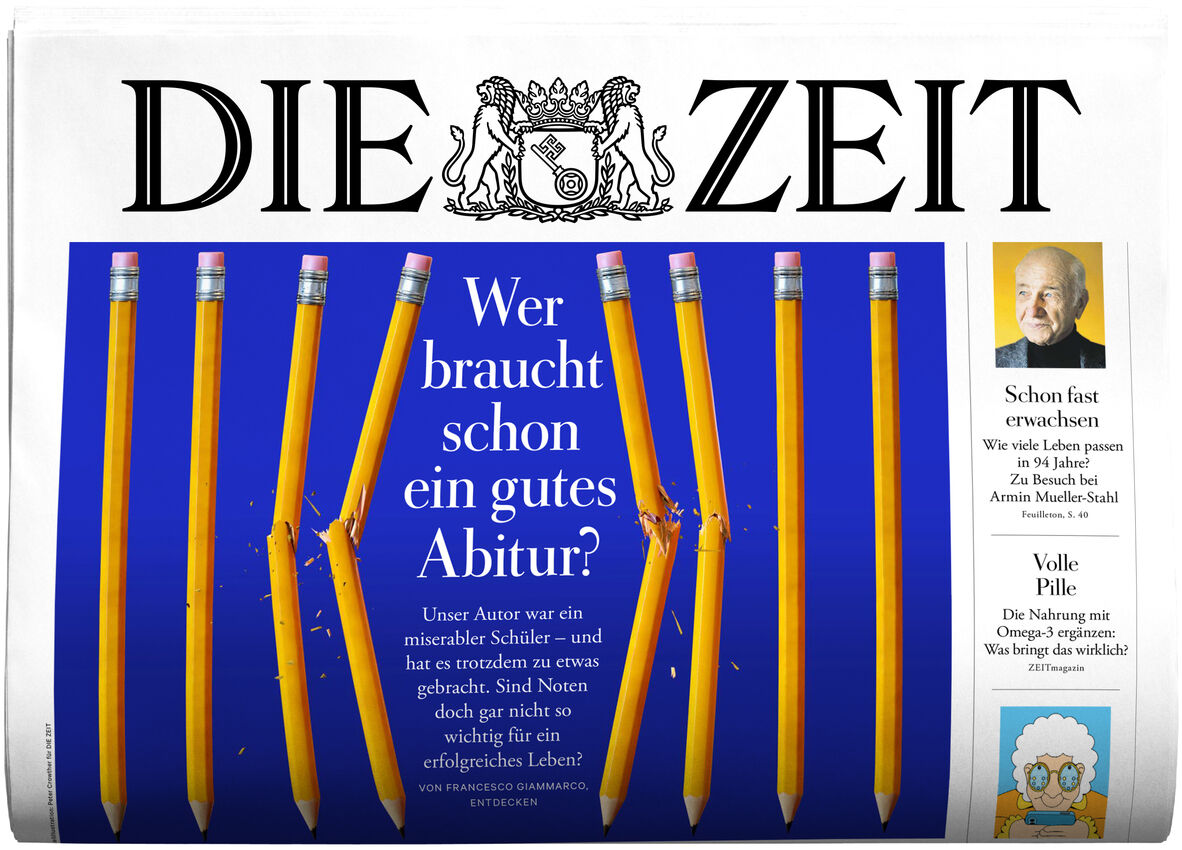 Titelblatt der Wochenzeitung DIE ZEIT, Ausgabe 30/2025, mit mehreren gelben Bleistiften auf blauem Hintergrund und einer Schlagzeile zur Bedeutung des Abiturs, geeignet für Leser mit Bildungsinteresse.