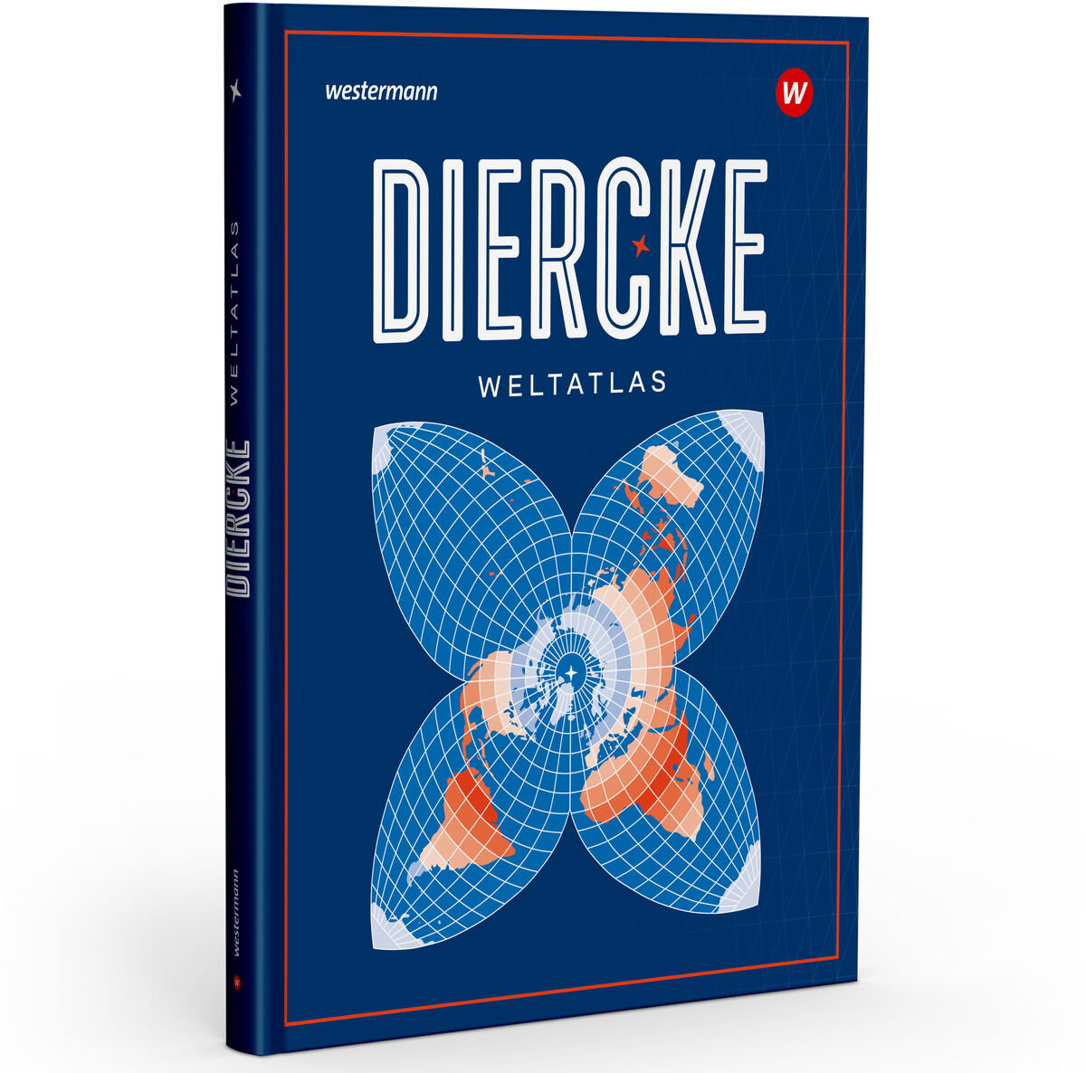 Cover des Diercke Weltatlas Ausgabe 2023. Das Cover zeigt eine stilisierte Weltkarte in Blau und Orange auf dunkelblauem Hintergrund mit dem Titel in großen weißen Buchstaben.