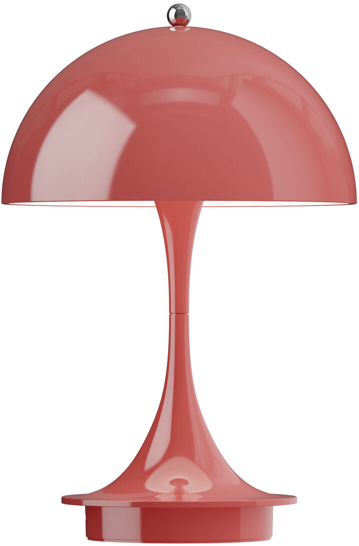 Rote tragbare Designlampe Panthella 160 mit glänzender Oberfläche und rundem Schirm, geeignet für moderne Innenräume.