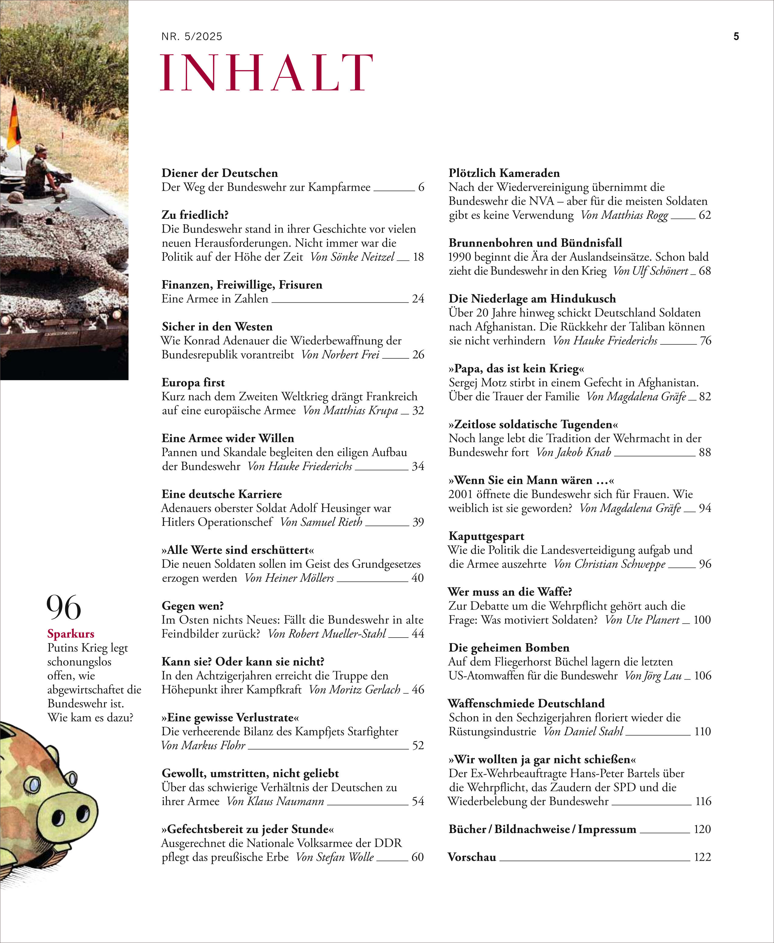 Das Titelbild einer Geschichtszeitschrift zeigt oben einen militärischen Panzer mit Soldaten in Tarnuniform. Die restliche Seite ist überwiegend weiß mit roten und schwarzen Texten, die das Inhaltsverzeichnis strukturieren. Unten links ist eine bunte Illustration eines Wildschweins mit Münzen zu sehen.