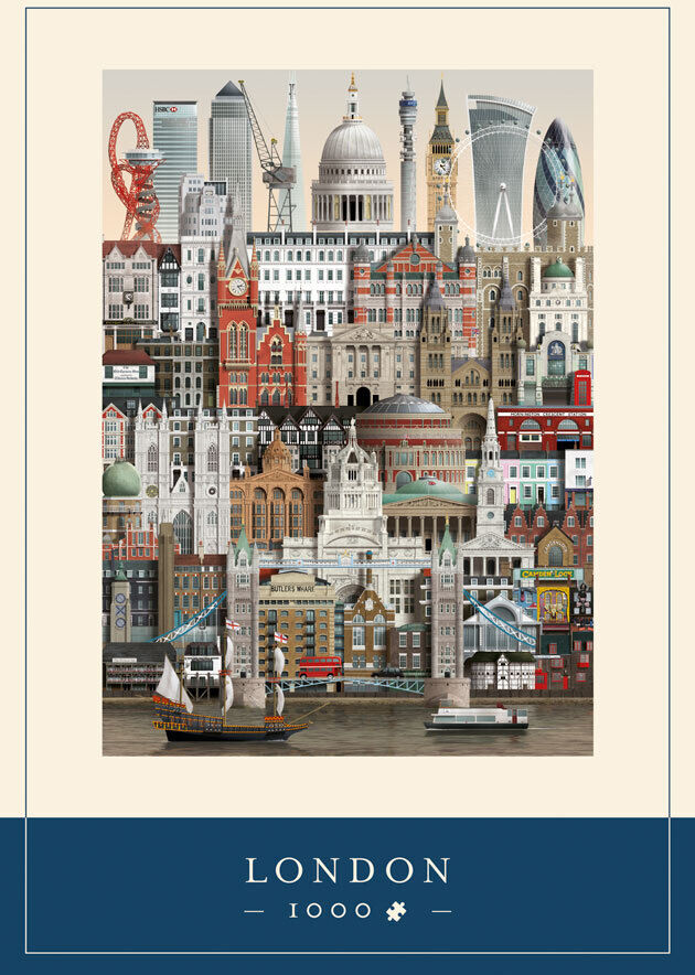 Ein 1000-teiliges Puzzle mit einem detaillierten Stadtbild von London, das berühmte Wahrzeichen wie die Tower Bridge, Big Ben und das London Eye darstellt. Die Farben sind hauptsächlich Blau, Weiß, Rot, Grau und Braun.
