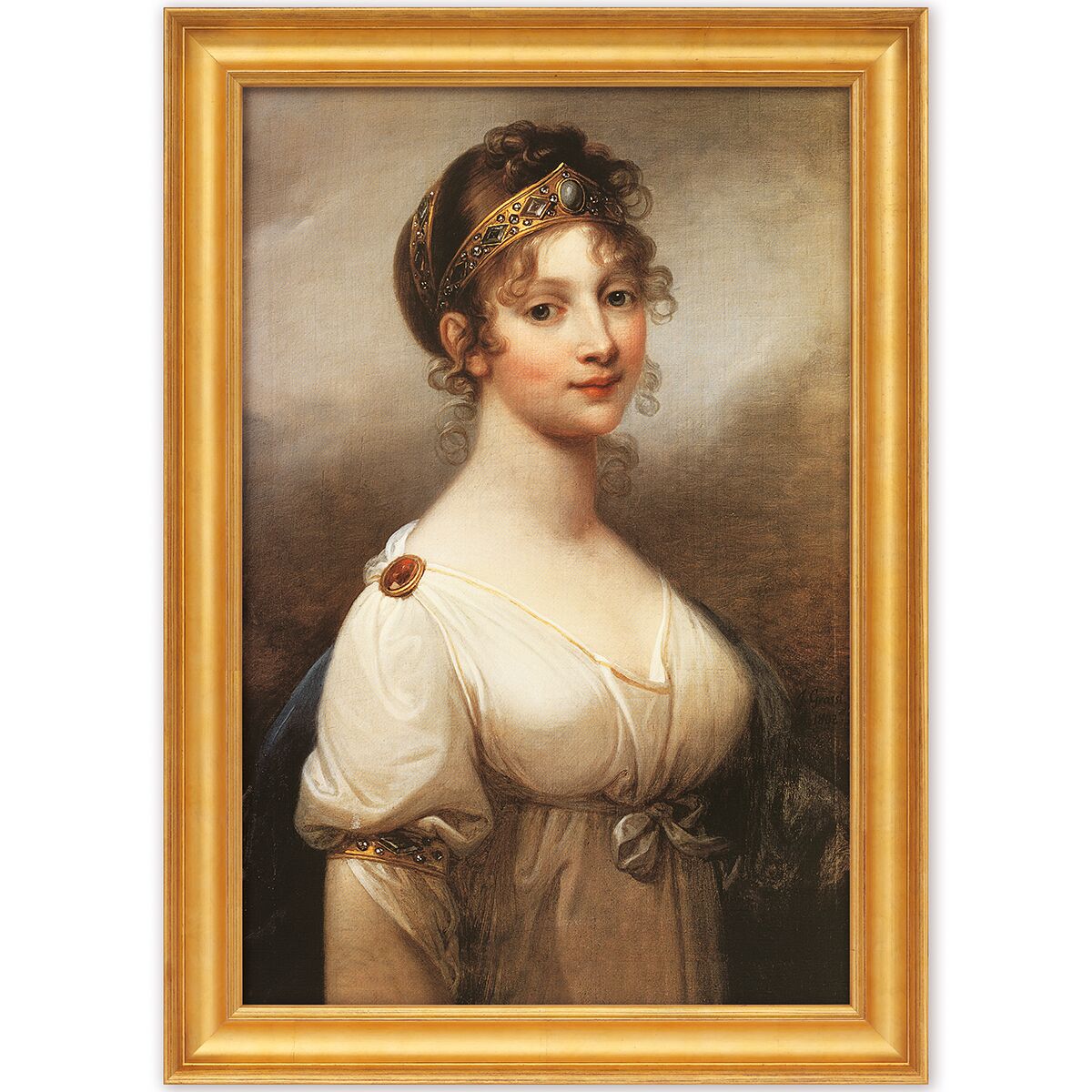 Detailreich gerahmtes klassizistisches Porträt einer jungen Frau mit feinem Diadem und elegantem, weißem Kleid, vor dezentem dunklen Hintergrund. Im goldenen Rahmen unterstreicht das Gemälde den edlen und historischen Charakter. Harmonisch abgestimmte, weiche Farbflächen.