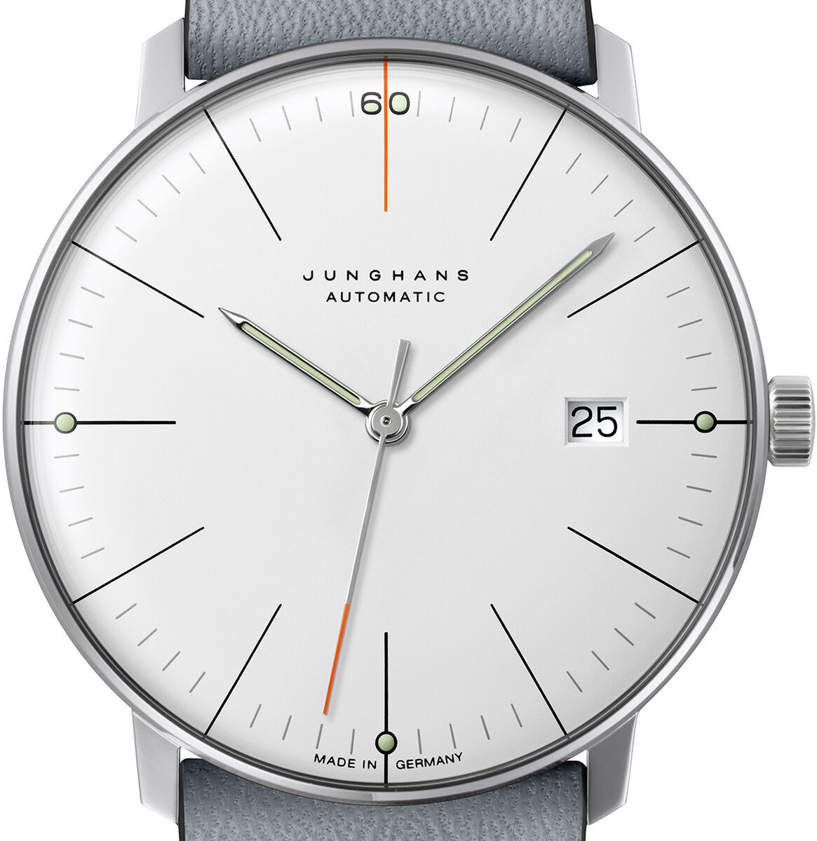 Bild einer Junghans ZEIT-Sonderedition max bill Automatic Armbanduhr, 2025. Die Uhr hat ein graues Armband und ein weißes Zifferblatt mit minimalistischen Markierungen. Das Gehäuse ist silbern.