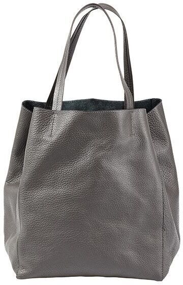 Eine schlichte graue Lederhandtasche mit zwei Henkeln. Das Design ist minimalistisch und zeitlos, geeignet für den täglichen Gebrauch.