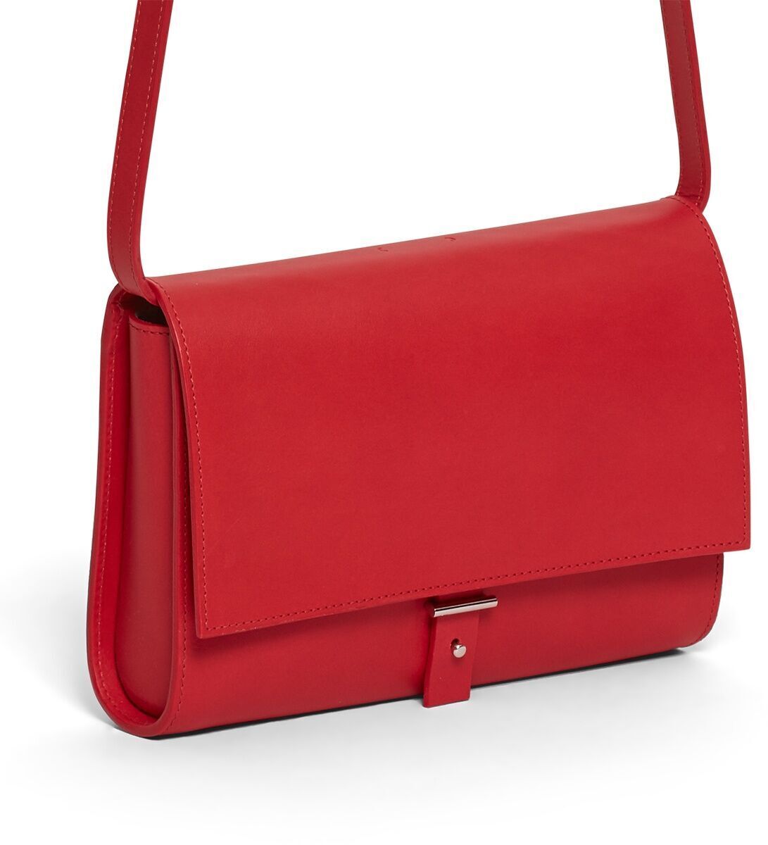 ZEIT-Sonderedition Schultertasche »DIE ZEIT 2« in rotem Leder mit silbernem Verschluss und einem Henkel.