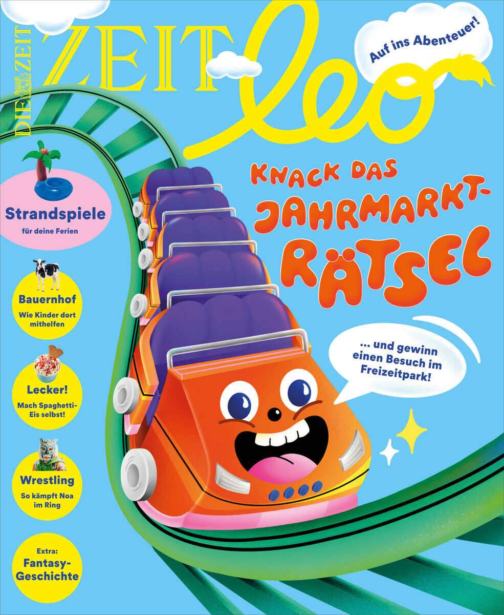 ZEIT Leo Magazin 5/24 mit dem Titel 'Knack das Jahrmarkt-Rätsel'. Auf dem Cover ist eine Achterbahn mit bunten Wagen und glücklichen Gesichtern abgebildet. Verschiedene Artikel werden angekündigt, darunter Strandspiele, Bauernhof, italienische Küche, Wrestling und Fantasy-Geschichte.