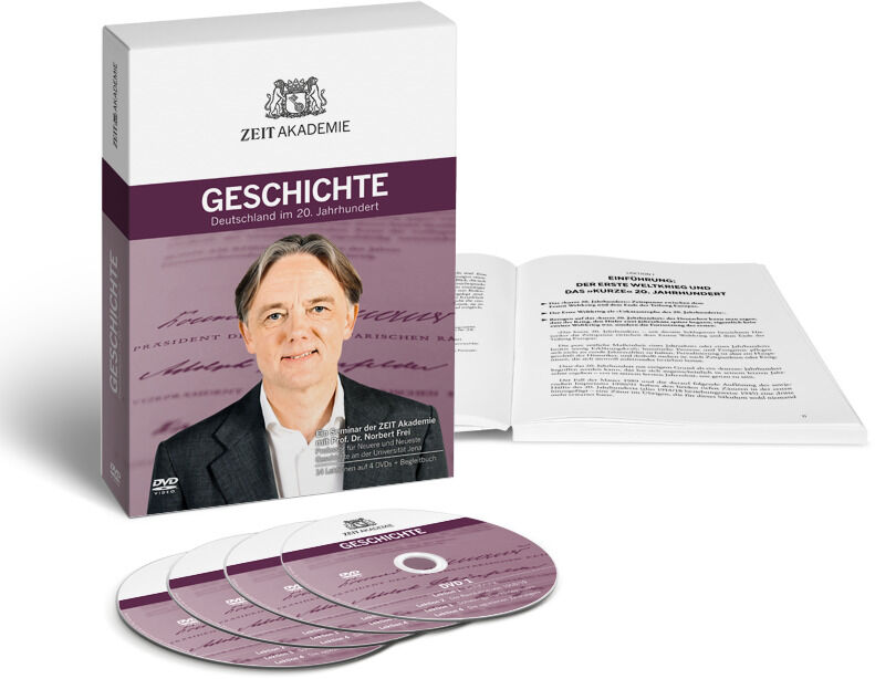 DVD-Paket der Zeit Akademie mit dem Titel 'Geschichte: Deutschland im 20. Jahrhundert'. Enthält mehrere DVDs und ein Begleitbuch. Vorderseite zeigt einen älteren Mann in einem Anzug und den Schriftzug 'Geschichte' in lila Farbe.