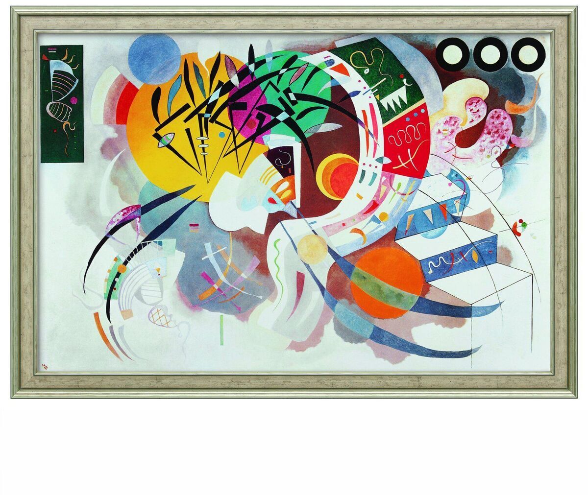 Ein abstraktes Gemälde von Wassily Kandinsky mit dem Titel »Dominant curve« aus dem Jahr 1936. Das Bild zeigt eine komplexe Komposition aus verschiedenen geometrischen Formen und Linien in einer Vielzahl von Farben, darunter Blau, Rot, Gelb, Grün, Lila, Schwarz und Weiß. Es ist ein Beispiel für moderne und zeitgenössische Kunst mit kubistischen Einflüssen.