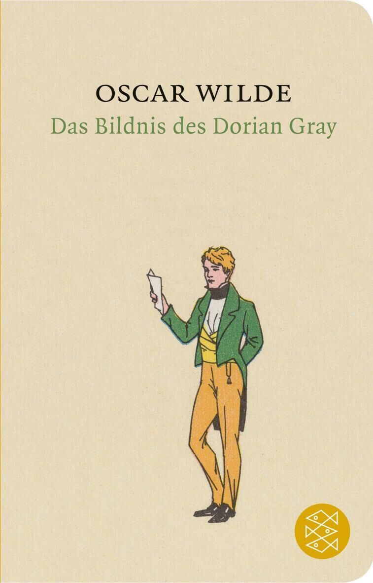 Das Buchcover von 'Das Bildnis des Dorian Gray' von Oscar Wilde zeigt einen beige Hintergrund mit einem gezeichneten Mann in einem grünen Jackett, gelber Hose und gelber Weste. Er hält ein Blatt Papier in der rechten Hand. Der Titel und der Autorname sind in grünem und schwarzem Text oben auf dem Cover platziert.