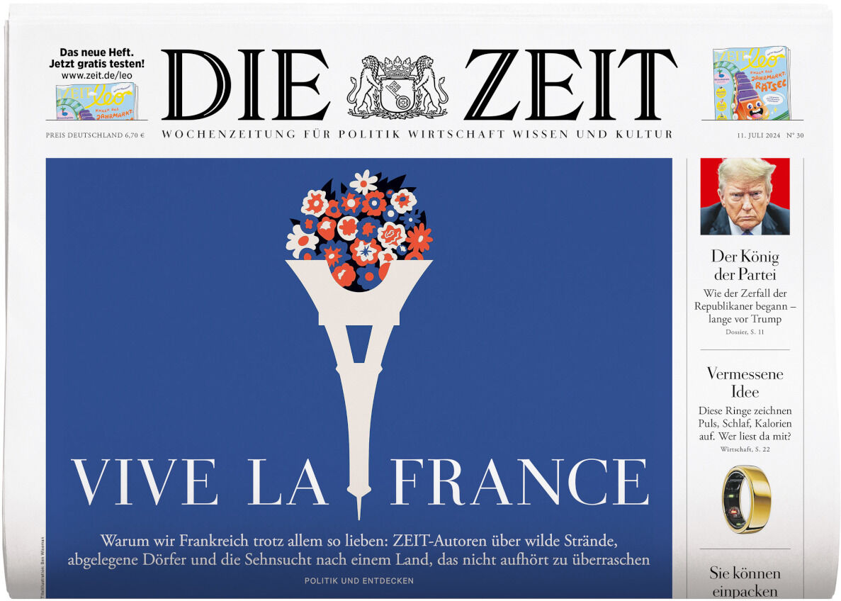 Titelblatt der Ausgabe 'DIE ZEIT 30/2024' mit dem Text 'VIVE LA FRANCE' auf blauem Hintergrund und einer Illustration eines Blumenstraußes in der französischen Nationalflagge. Oben sieht man die Zeitungskopfzeile 'DIE ZEIT'. Auf der rechten Seite sind kleine Artikelvorschauen abgebildet.
