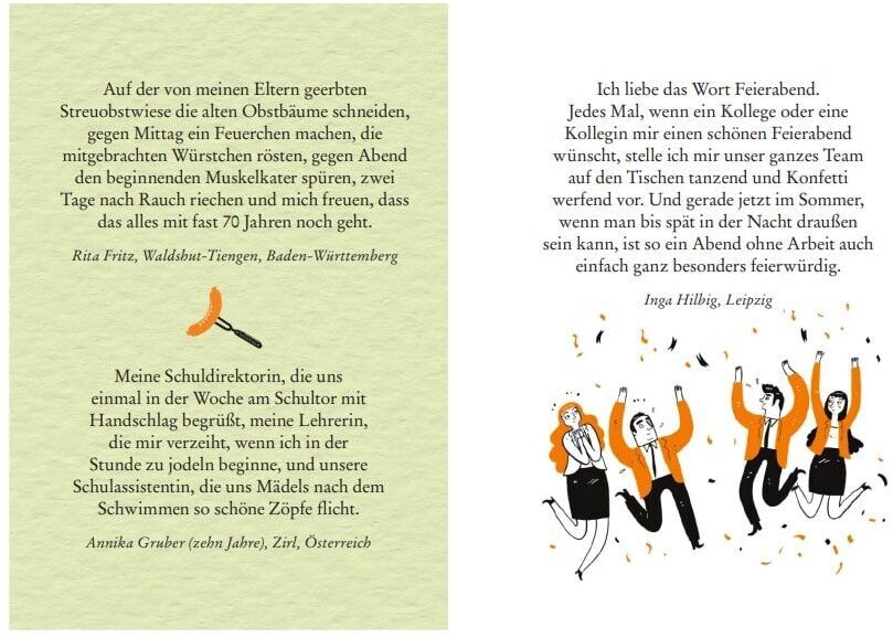 Das Geschenkbuch ‚Was mein Leben reicher macht: »Glück & Lebensfreude«‘ zeigt zwei Seiten einer Buchseite. Auf der linken Seite befindet sich ein Zitat auf grünem Hintergrund, auf der rechten Seite ein weiteres Zitat mit einer Illustration von fröhlichen Menschen. Das Buch ist farblich in Weiß, Grün, Schwarz und Orange gestaltet.