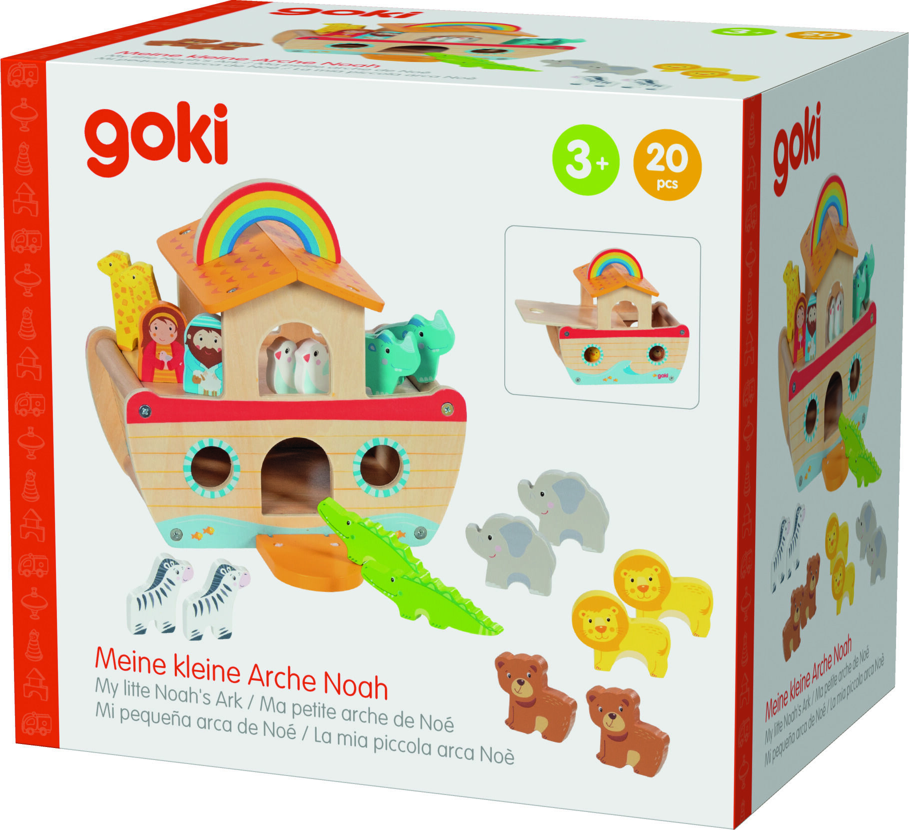 Holzspielzeug-Set »Meine kleine Arche Noah« von goki, bestehend aus einer Arche mit Dach und mehreren bunten Tierfiguren sowie Spielfiguren, geeignet für Kinder ab 3 Jahren. Die Verpackung zeigt kindgerechtes, farbenfrohes Design und ist mit 20 Teilen abgebildet. Enthalten sind unter anderem Elefanten, Zebras, Giraffen und Krokodil.